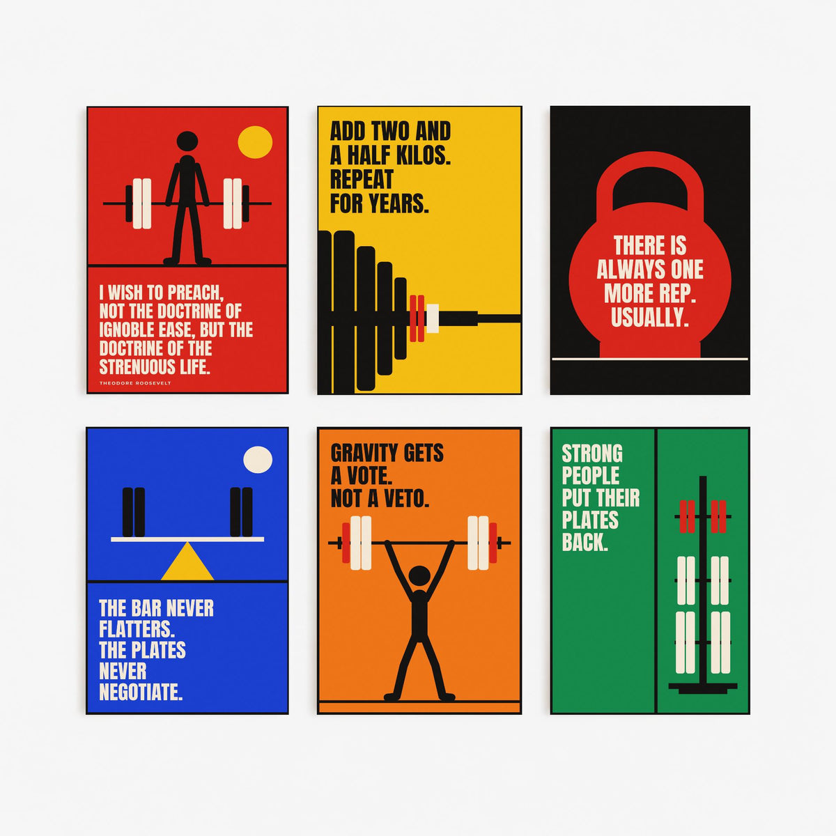 Set of Six Weightlifting Quote Art Prints - 6 Bauhaus Gym Posters - Minimalist Sport Illustration - Barbell, Kettlebell, Plates