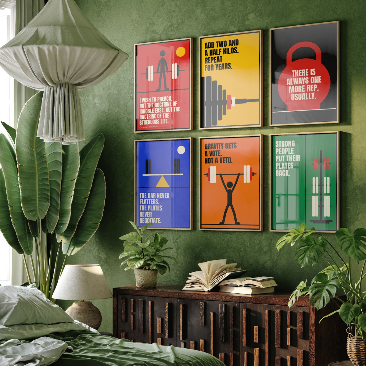Set of Six Weightlifting Quote Art Prints - 6 Bauhaus Gym Posters - Minimalist Sport Illustration - Barbell, Kettlebell, Plates
