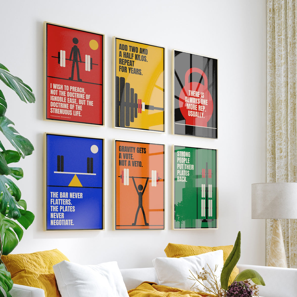 Set of Six Weightlifting Quote Art Prints - 6 Bauhaus Gym Posters - Minimalist Sport Illustration - Barbell, Kettlebell, Plates