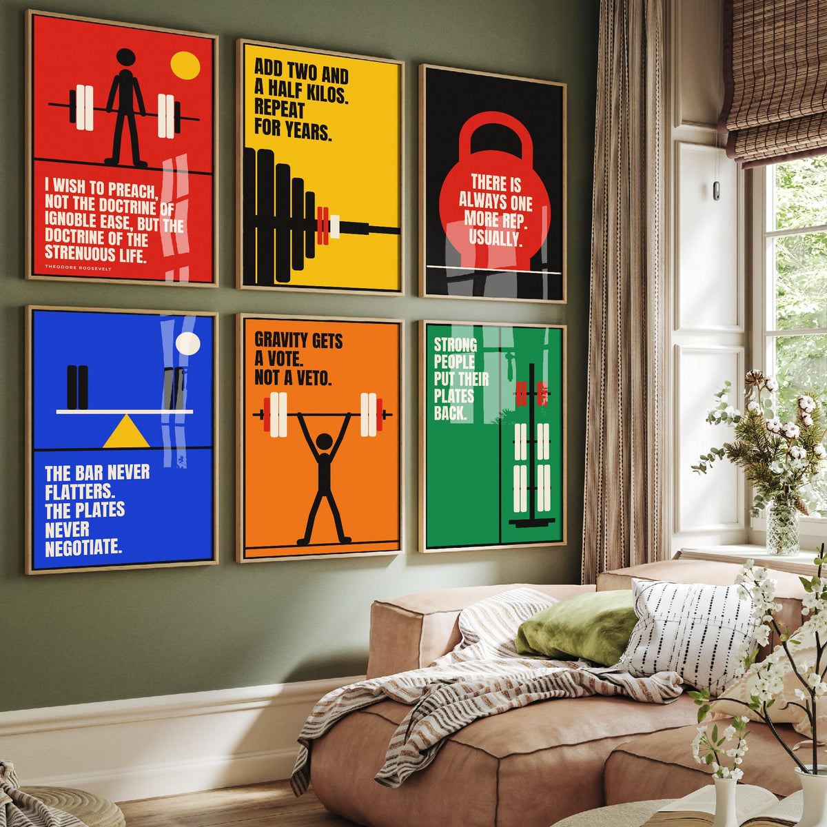 Set of Six Weightlifting Quote Art Prints - 6 Bauhaus Gym Posters - Minimalist Sport Illustration - Barbell, Kettlebell, Plates