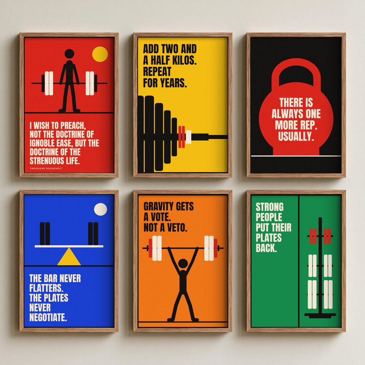 Set of Six Weightlifting Quote Art Prints - 6 Bauhaus Gym Posters - Minimalist Sport Illustration - Barbell, Kettlebell, Plates