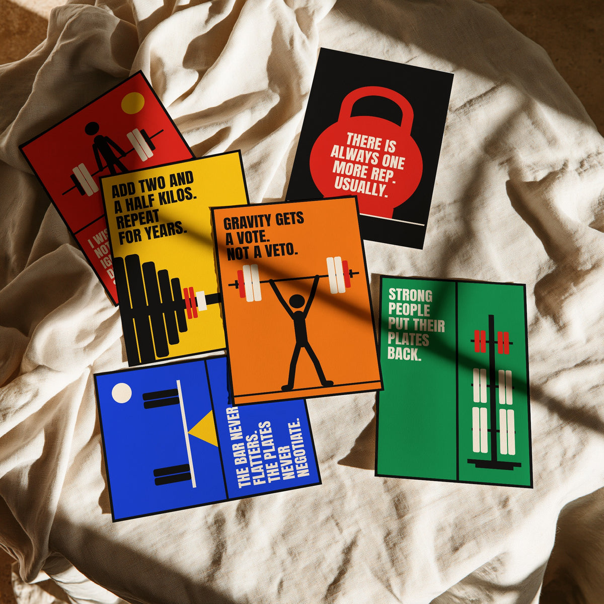 Set of Six Weightlifting Quote Art Prints - 6 Bauhaus Gym Posters - Minimalist Sport Illustration - Barbell, Kettlebell, Plates