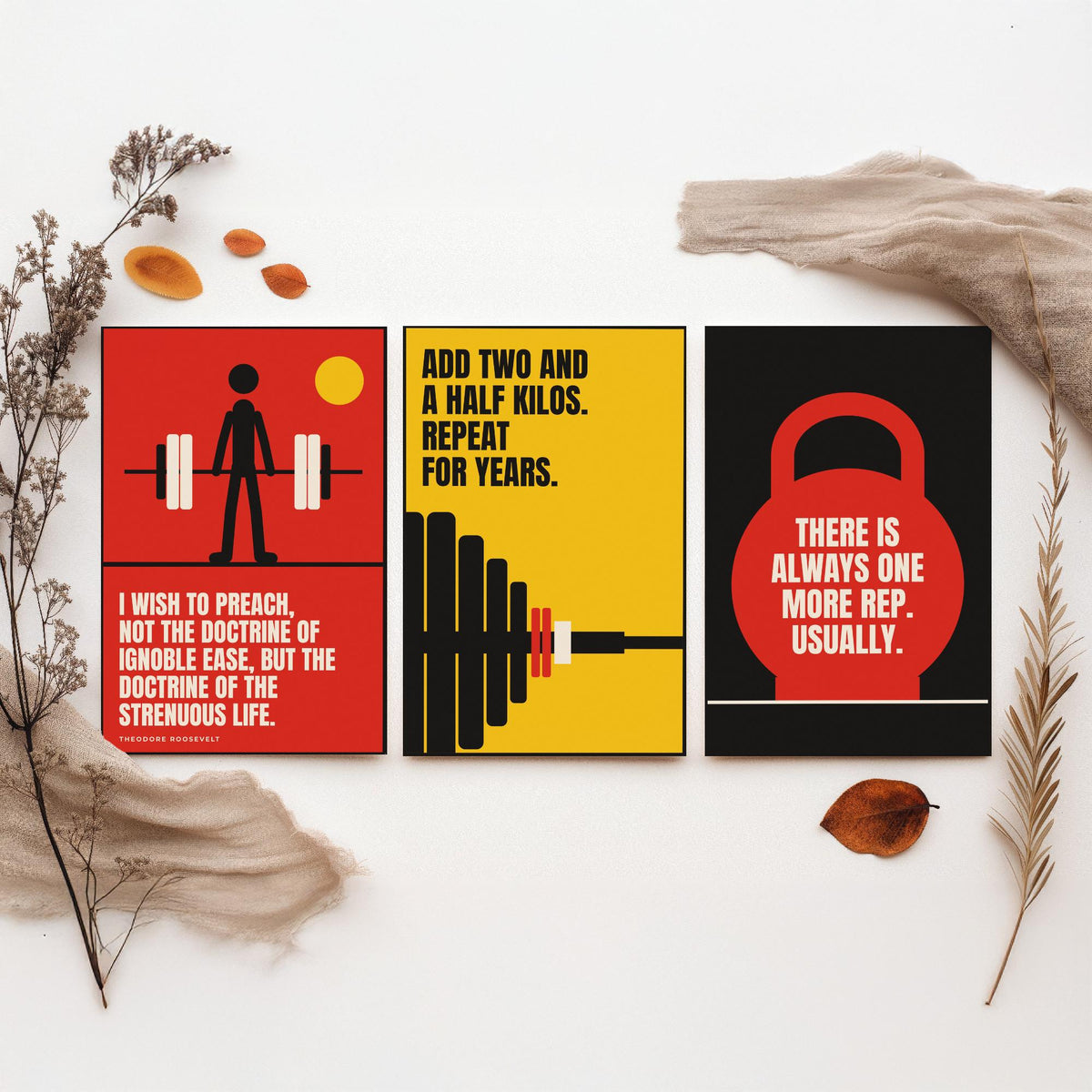 Weightlifting Quotes Set of Three Art Prints - 3 Bauhaus Gym Posters - Minimalist Sport Wall Art Illustration V1