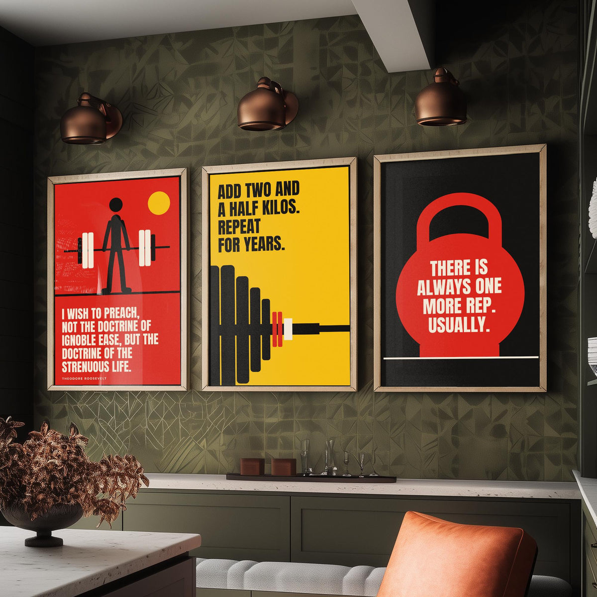 Weightlifting Quotes Set of Three Art Prints - 3 Bauhaus Gym Posters - Minimalist Sport Wall Art Illustration V1