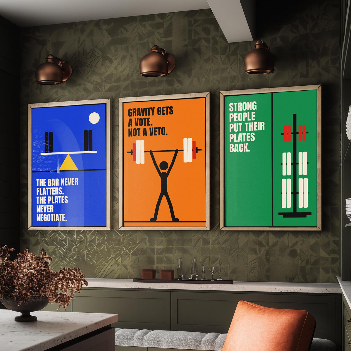 Weightlifting Quotes Set of Three Art Prints - 3 Retro Bauhaus Gym Posters - Minimalist Sport Wall Art Illustration V2