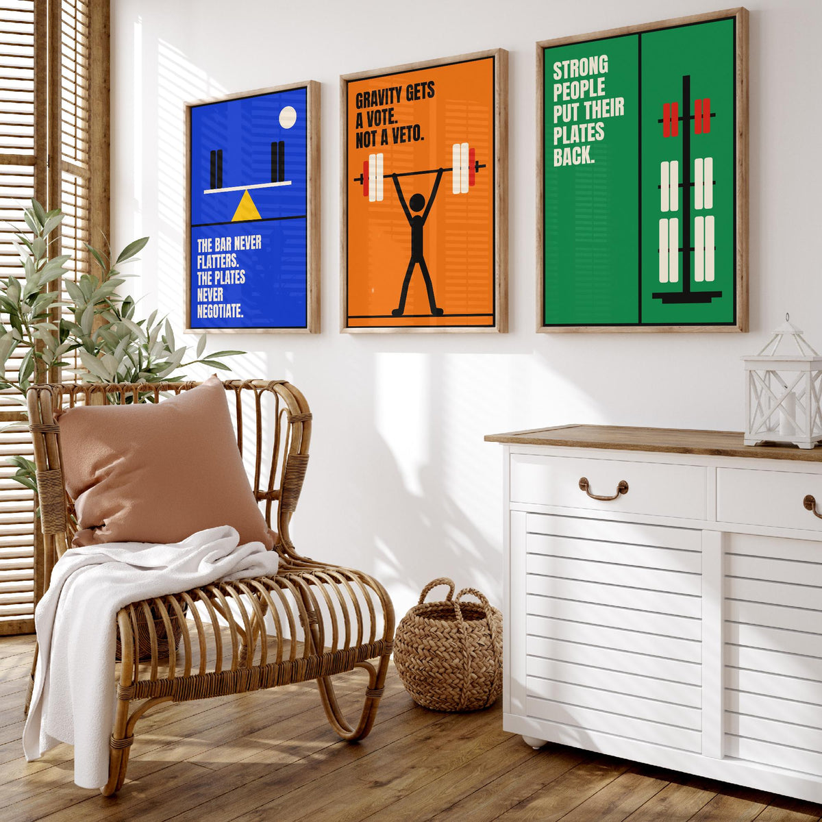 Weightlifting Quotes Set of Three Art Prints - 3 Retro Bauhaus Gym Posters - Minimalist Sport Wall Art Illustration V2