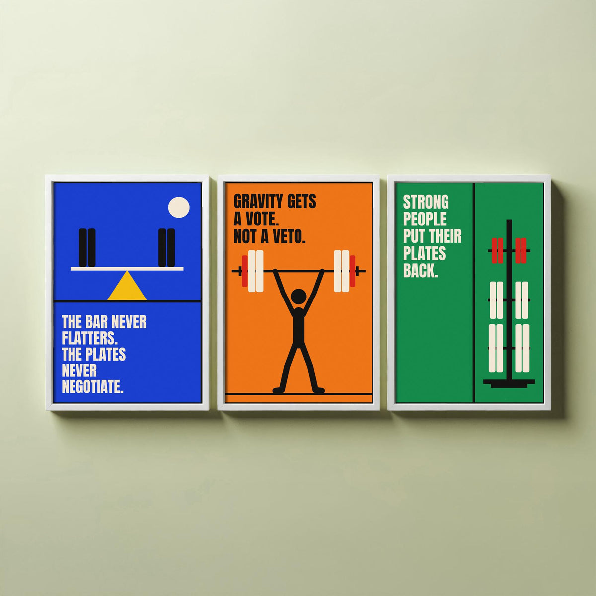 Weightlifting Quotes Set of Three Art Prints - 3 Retro Bauhaus Gym Posters - Minimalist Sport Wall Art Illustration V2