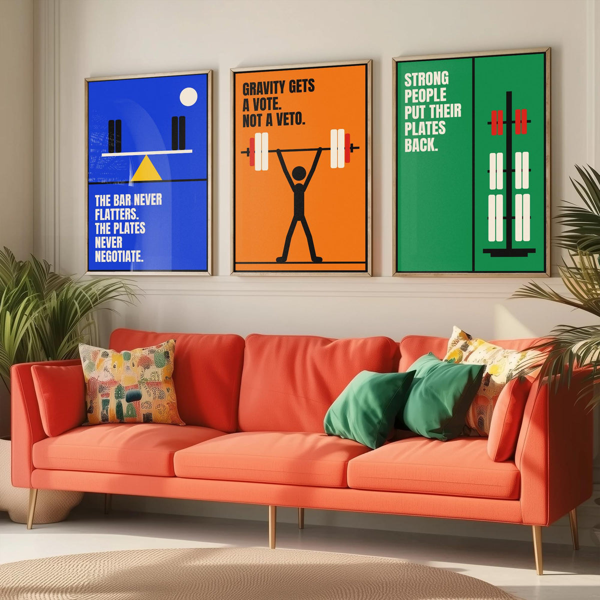 Weightlifting Quotes Set of Three Art Prints - 3 Retro Bauhaus Gym Posters - Minimalist Sport Wall Art Illustration V2