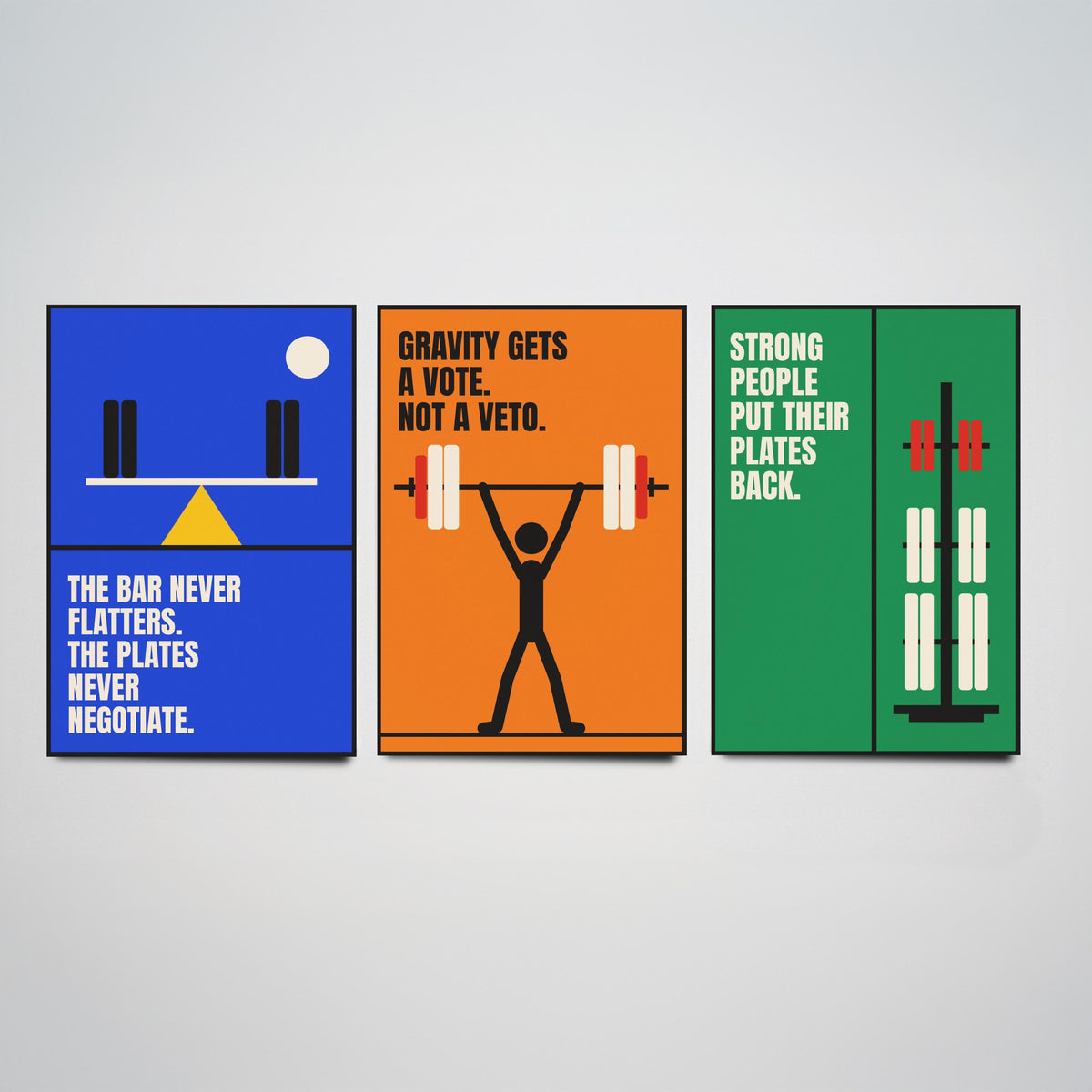 Weightlifting Quotes Set of Three Art Prints - 3 Retro Bauhaus Gym Posters - Minimalist Sport Wall Art Illustration V2