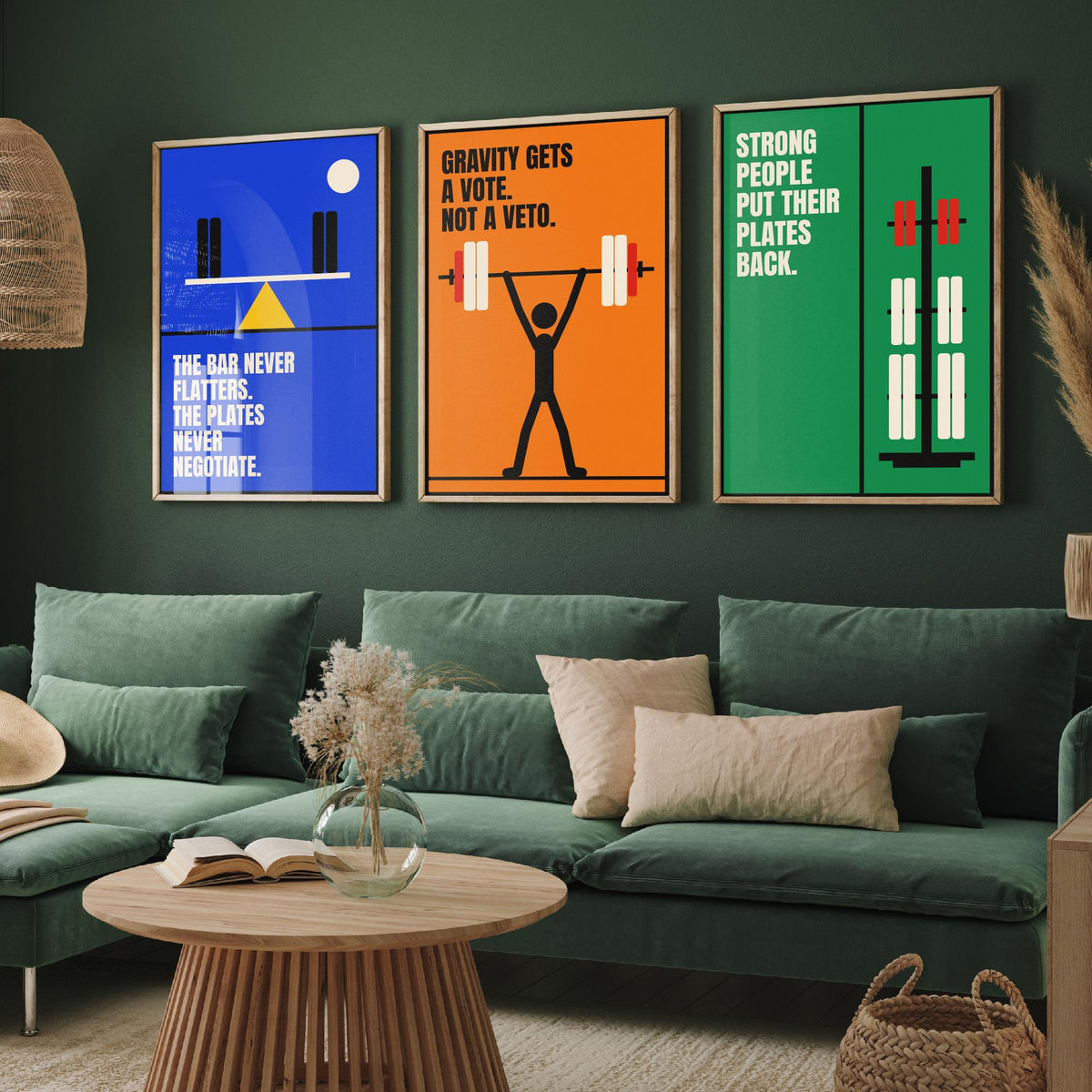 Weightlifting Quotes Set of Three Art Prints - 3 Retro Bauhaus Gym Posters - Minimalist Sport Wall Art Illustration V2