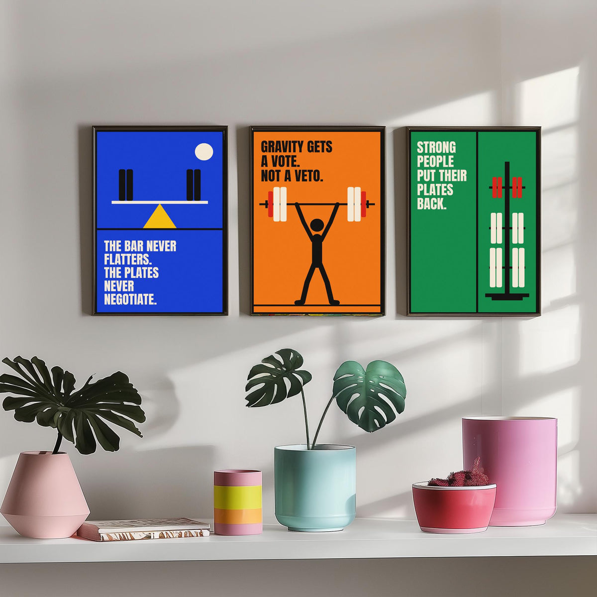 Weightlifting Quotes Set of Three Art Prints - 3 Retro Bauhaus Gym Posters - Minimalist Sport Wall Art Illustration V2