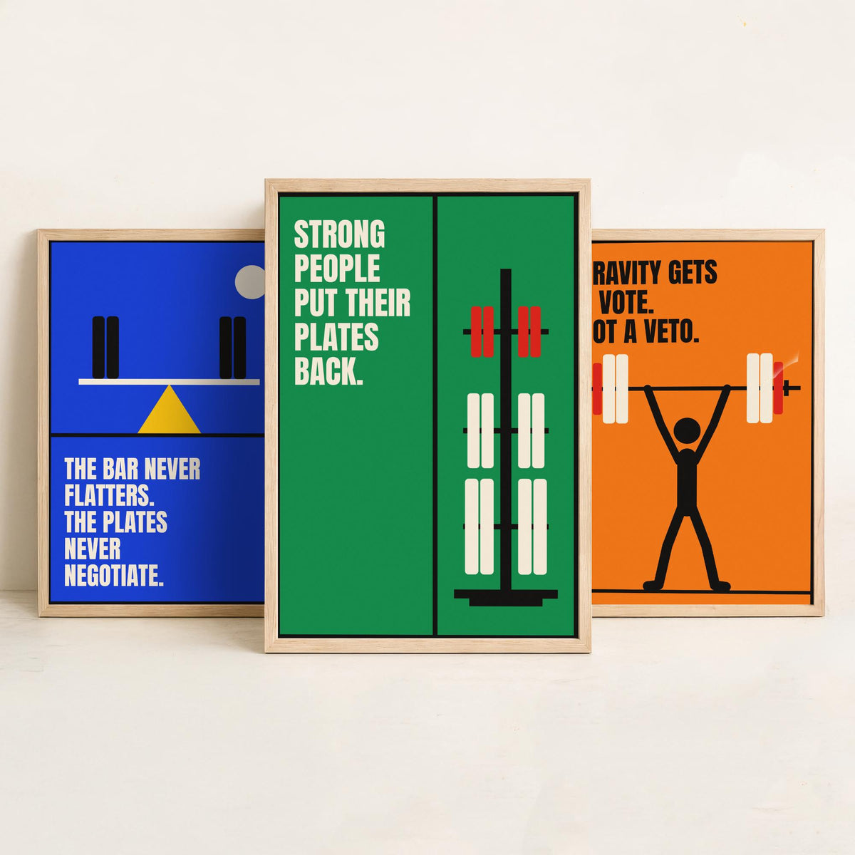 Weightlifting Quotes Set of Three Art Prints - 3 Retro Bauhaus Gym Posters - Minimalist Sport Wall Art Illustration V2