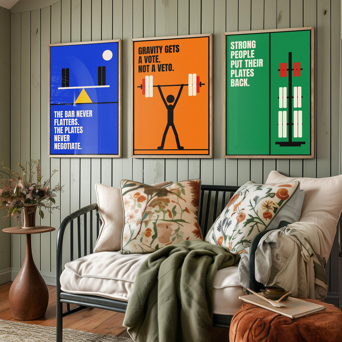 Weightlifting Quotes Set of Three Art Prints - 3 Retro Bauhaus Gym Posters - Minimalist Sport Wall Art Illustration V2