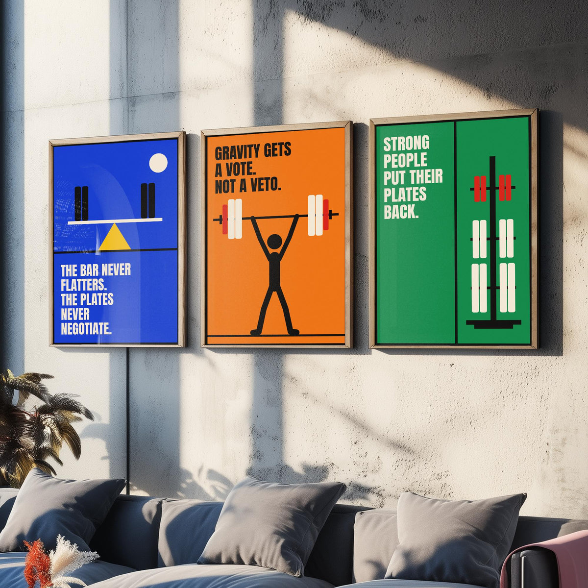 Weightlifting Quotes Set of Three Art Prints - 3 Retro Bauhaus Gym Posters - Minimalist Sport Wall Art Illustration V2