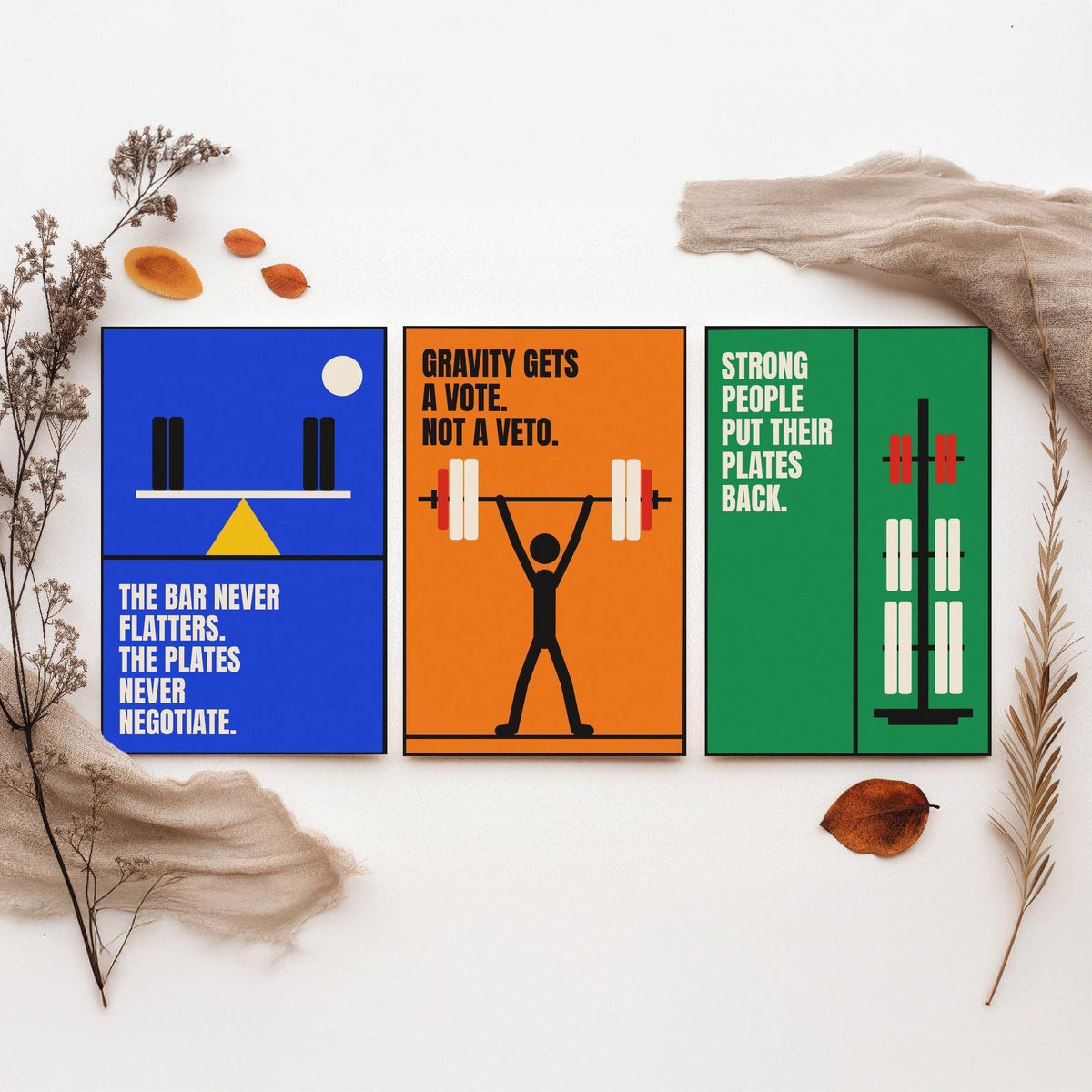Weightlifting Quotes Set of Three Art Prints - 3 Retro Bauhaus Gym Posters - Minimalist Sport Wall Art Illustration V2