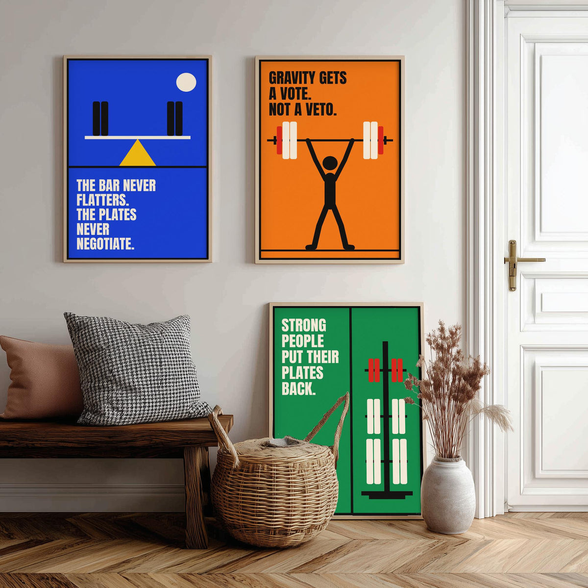 Weightlifting Quotes Set of Three Art Prints - 3 Retro Bauhaus Gym Posters - Minimalist Sport Wall Art Illustration V2