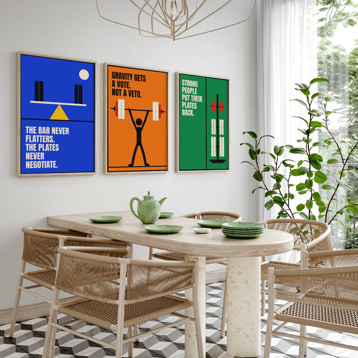 Weightlifting Quotes Set of Three Art Prints - 3 Retro Bauhaus Gym Posters - Minimalist Sport Wall Art Illustration V2
