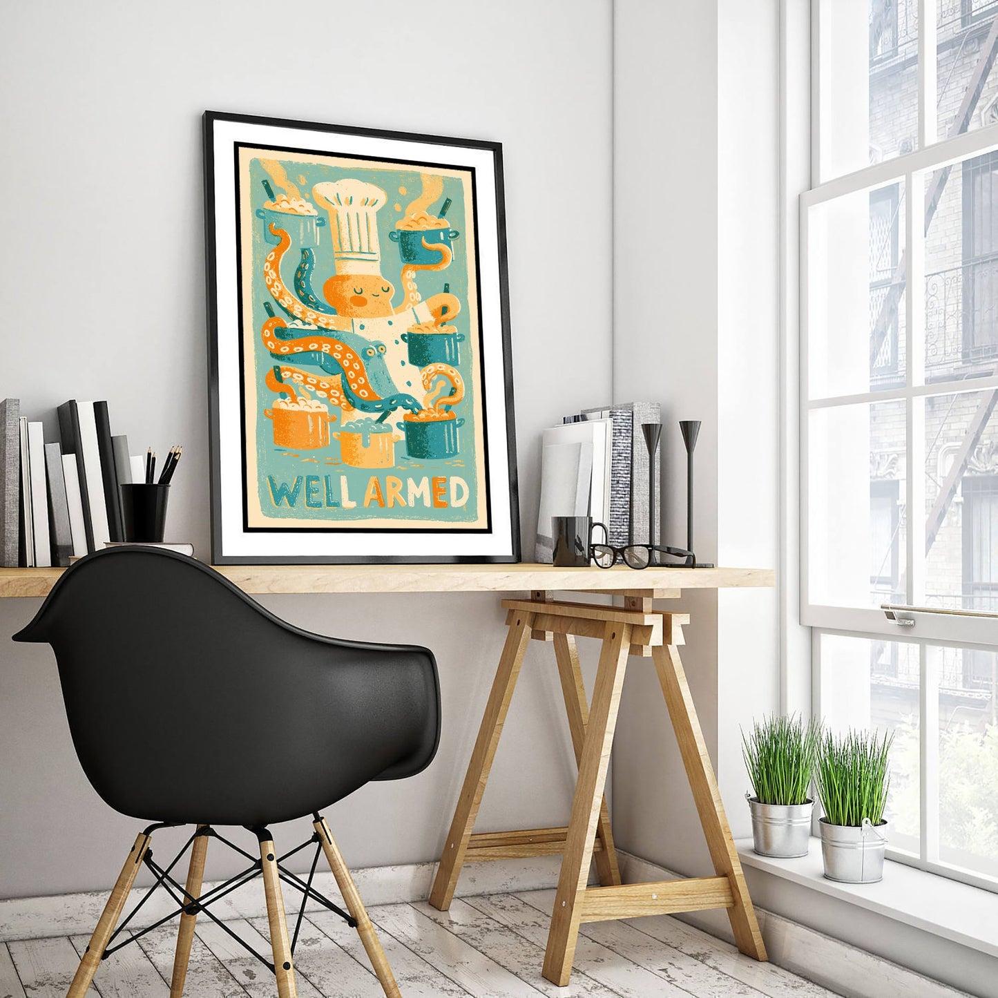 Well Armed Octopus Chef Art Print - Funny Kitchen Pun Poster - Retro Cooking Illustration