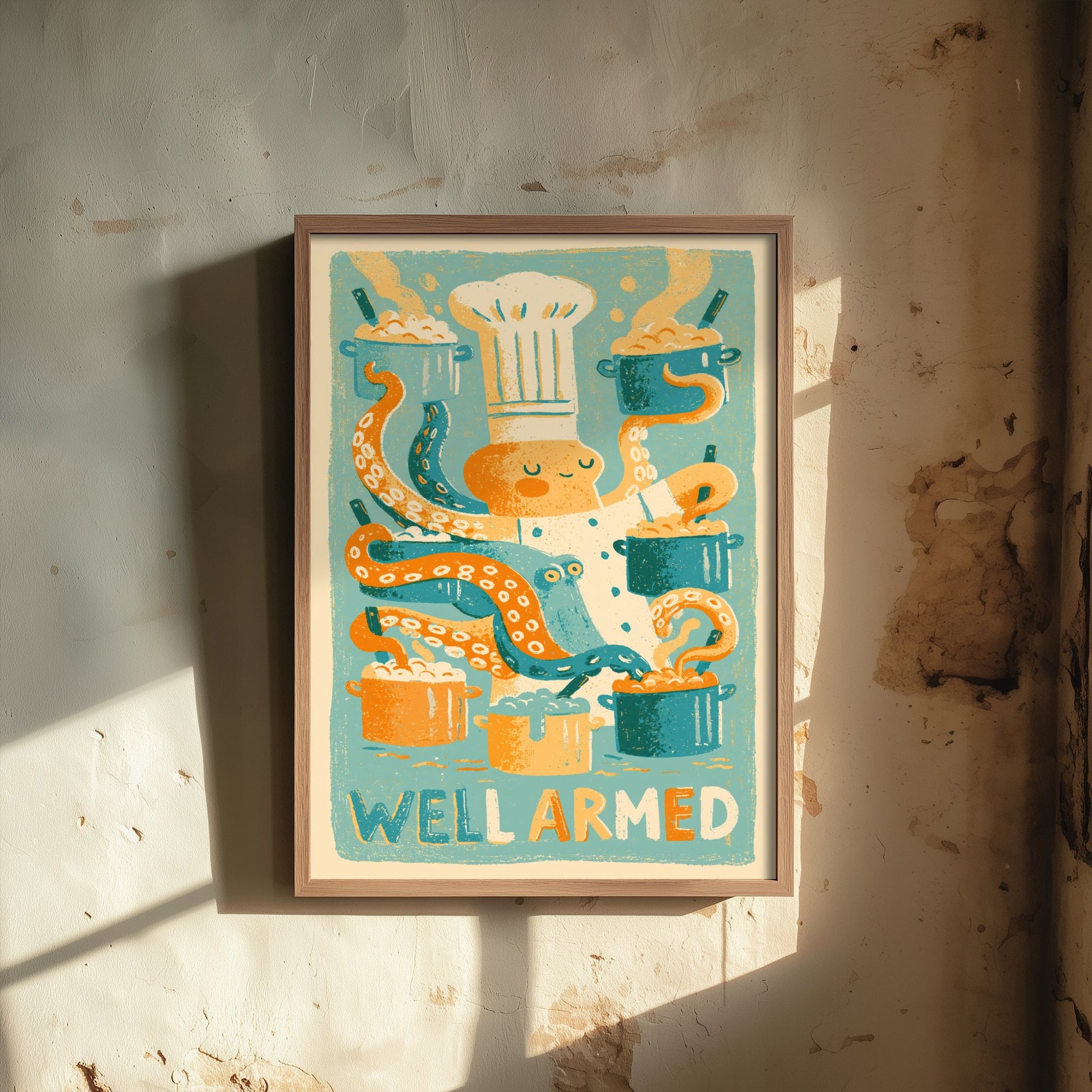 Well Armed Octopus Chef Art Print - Funny Kitchen Pun Poster - Retro Cooking Illustration