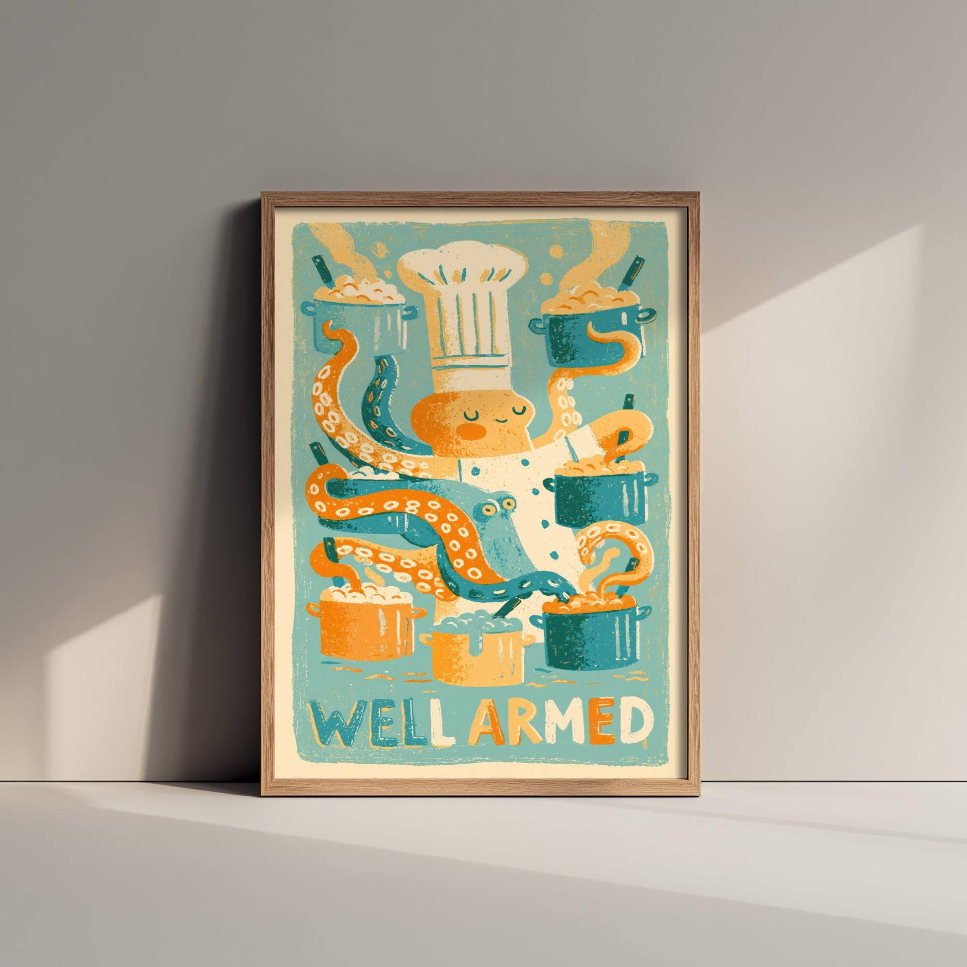 Well Armed Octopus Chef Art Print - Funny Kitchen Pun Poster - Retro Cooking Illustration