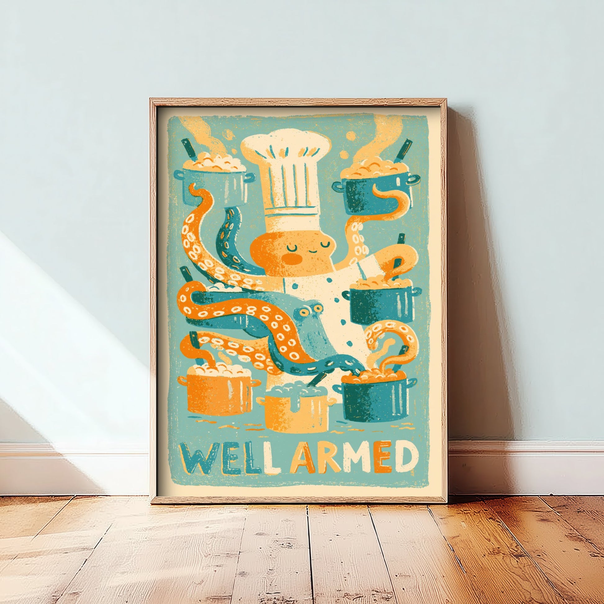 Well Armed Octopus Chef Art Print - Funny Kitchen Pun Poster - Retro Cooking Illustration