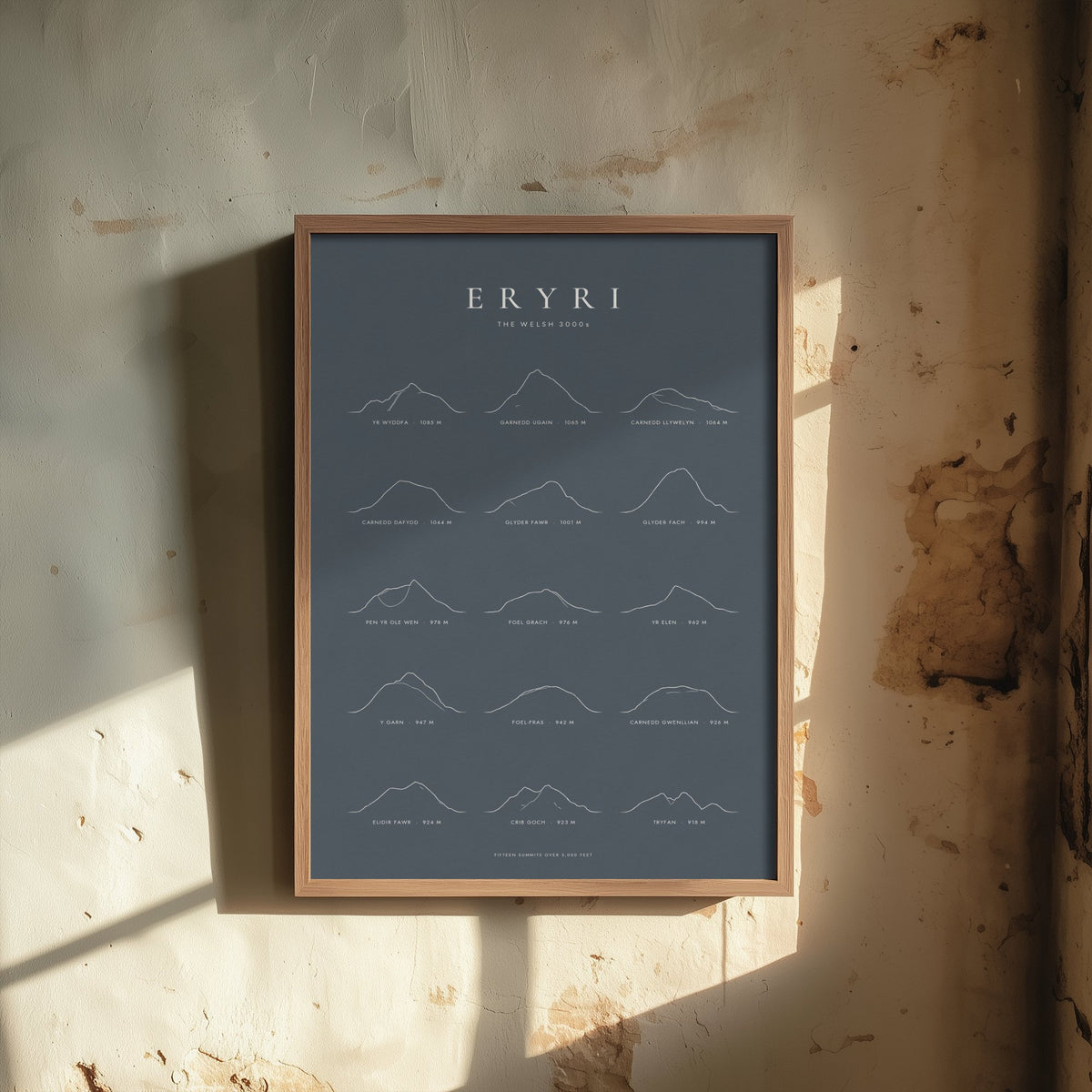 Welsh 3000s Art Print - Eryri Fifteen Summits Classic Slate Poster - Minimalist Mountain Line Drawing