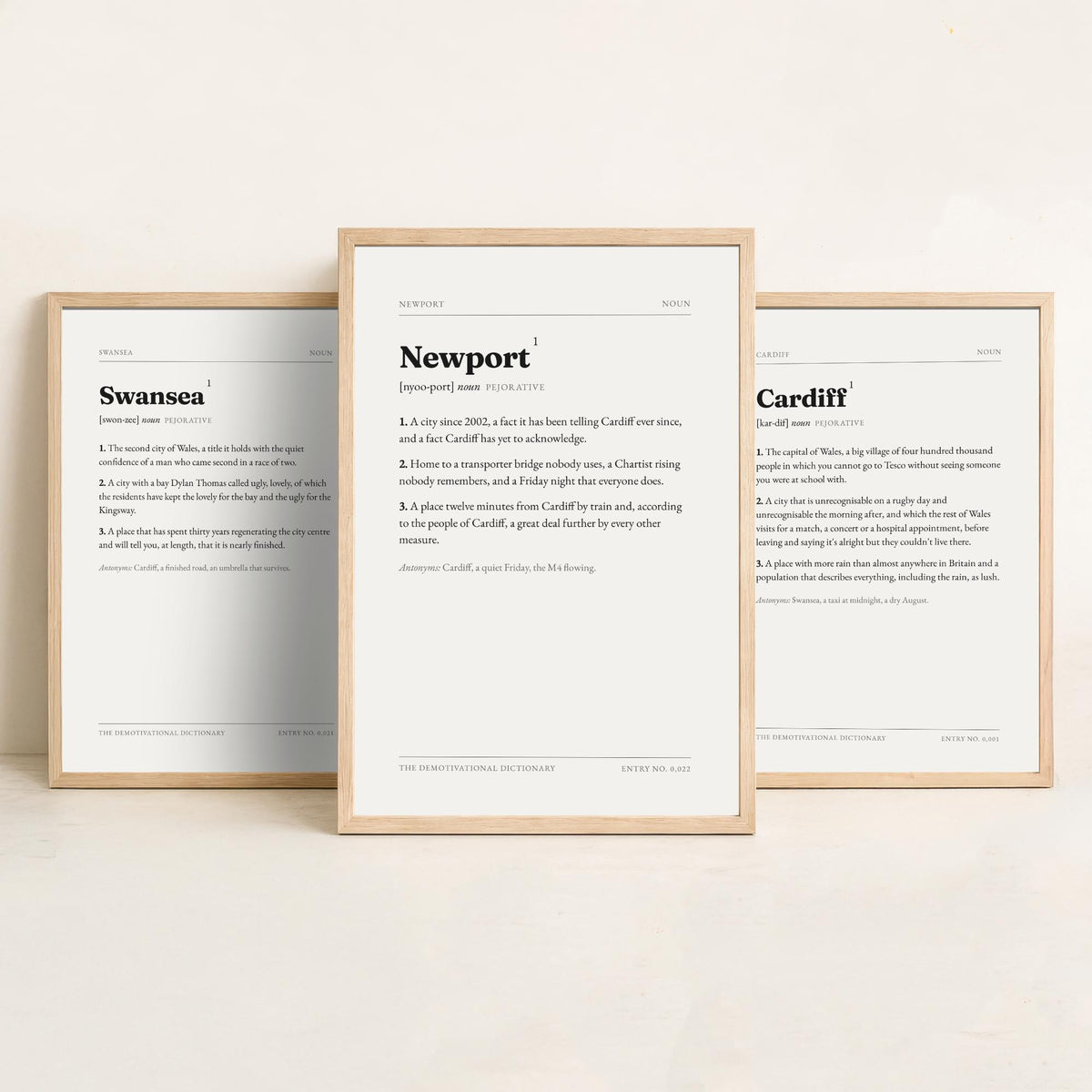 Welsh Cities Demotivational Dictionary Set of Three Art Prints - Swansea, Cardiff, Newport - Witty Typography Poster from Wales