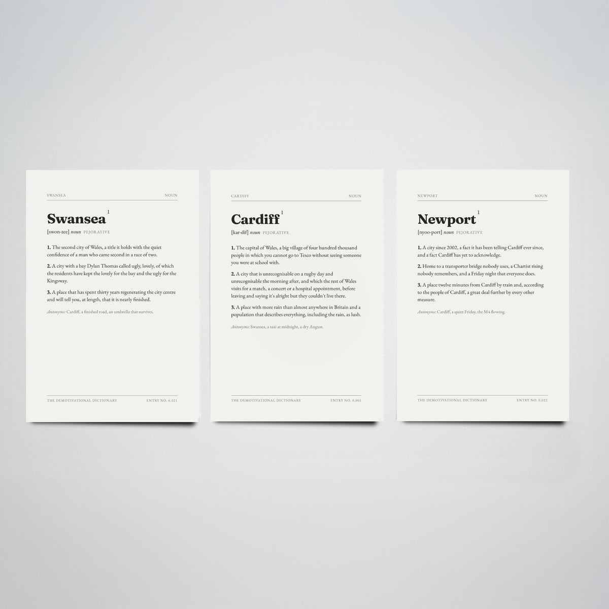 Welsh Cities Demotivational Dictionary Set of Three Art Prints - Swansea, Cardiff, Newport - Witty Typography Poster from Wales