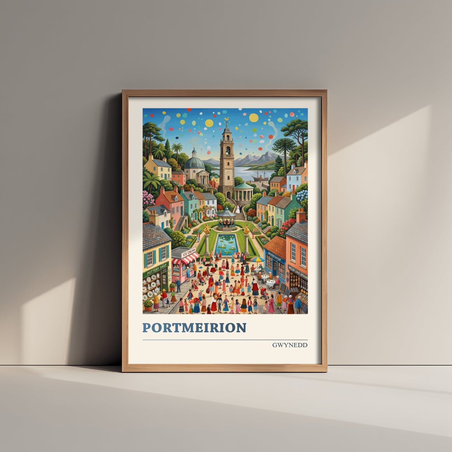 Portmeirion Wales Travel Poster - Italianate Village Folk Art Illustration - Bell Tower and Gardens Art Print - Gwynedd Coast 1/3