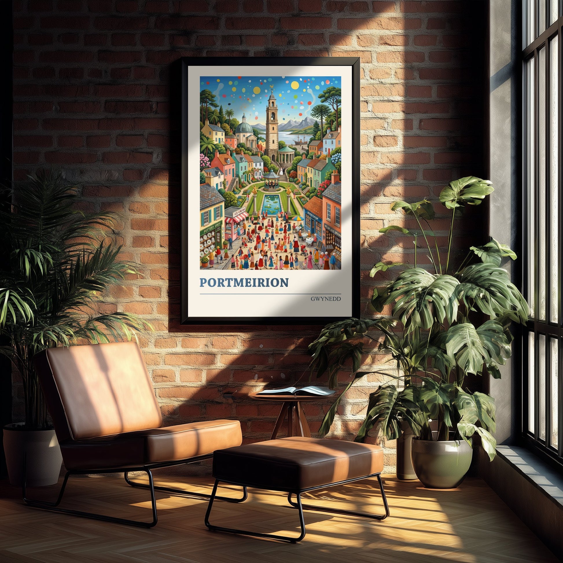 Portmeirion Wales Travel Poster - Italianate Village Folk Art Illustration - Bell Tower and Gardens Art Print - Gwynedd Coast 1/3