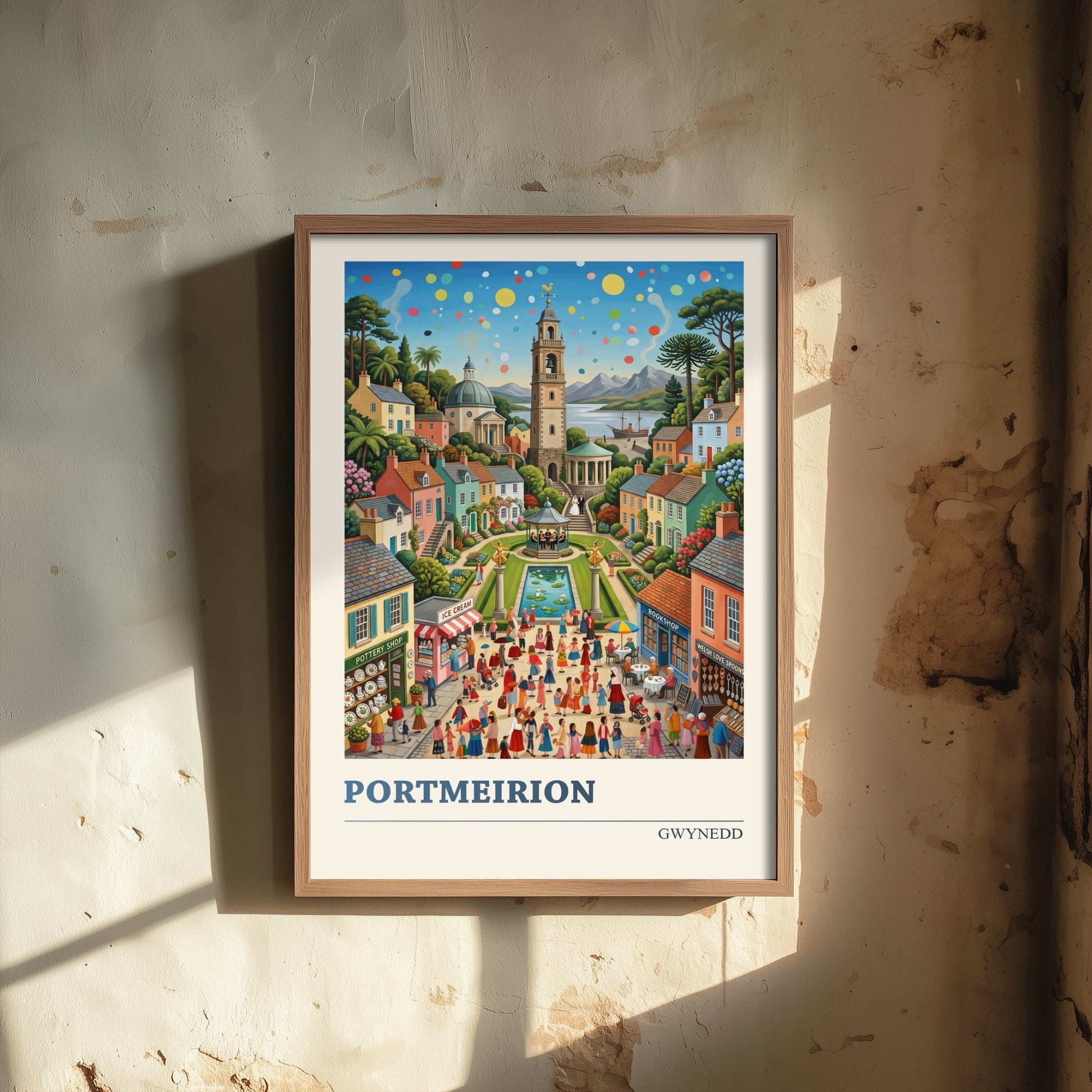 Portmeirion Wales Travel Poster - Italianate Village Folk Art Illustration - Bell Tower and Gardens Art Print - Gwynedd Coast 1/3