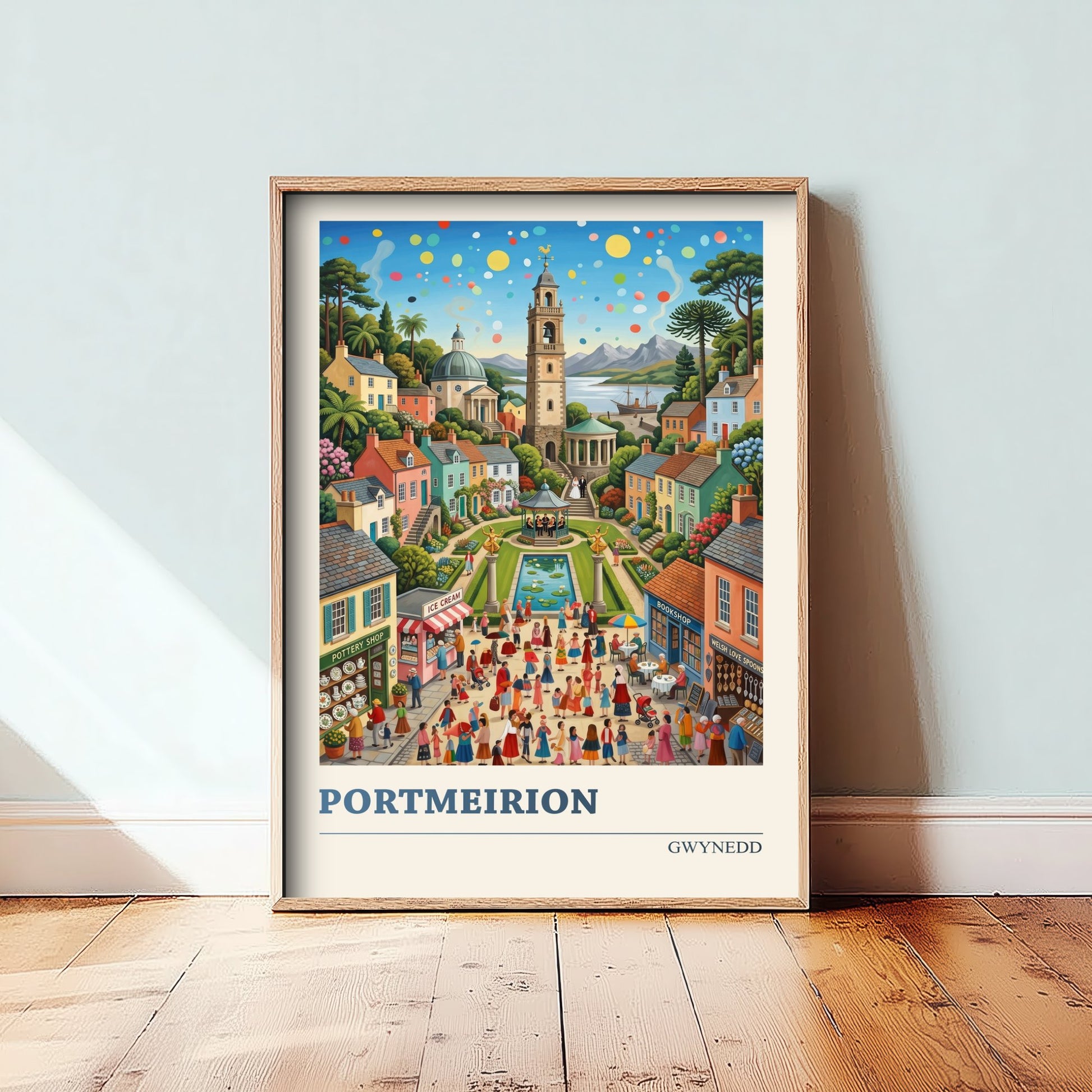 Portmeirion Wales Travel Poster - Italianate Village Folk Art Illustration - Bell Tower and Gardens Art Print - Gwynedd Coast 1/3