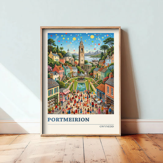 Portmeirion Wales Travel Poster - Italianate Village Folk Art Illustration - Bell Tower and Gardens Art Print - Gwynedd Coast 1/3