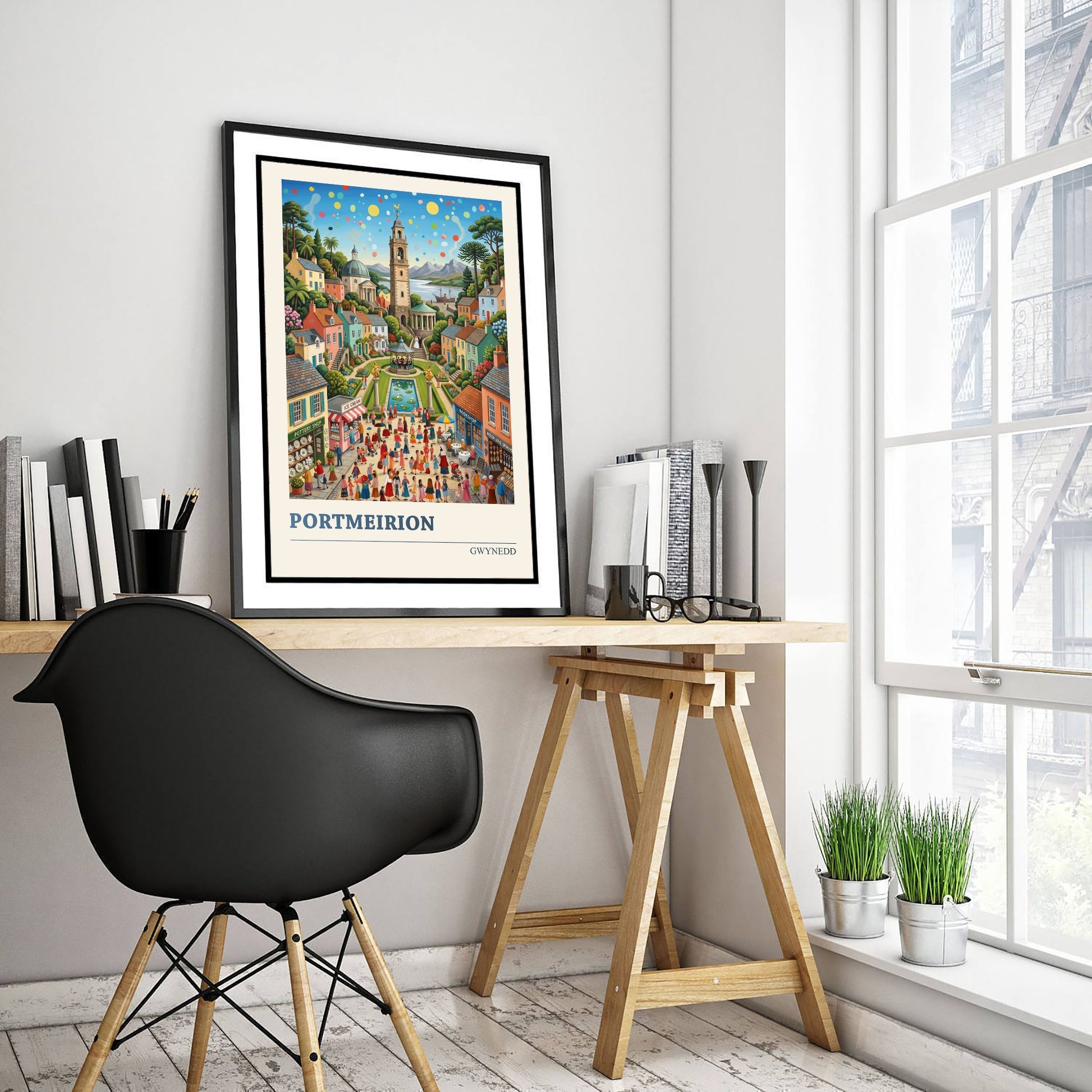 Portmeirion Wales Travel Poster - Italianate Village Folk Art Illustration - Bell Tower and Gardens Art Print - Gwynedd Coast 1/3