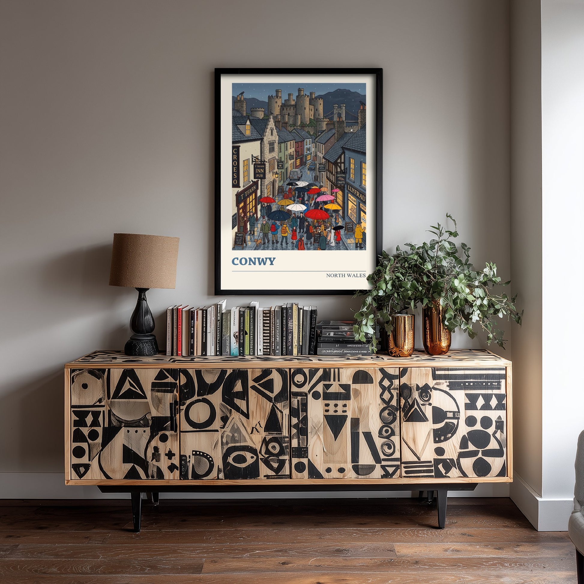 Conwy North Wales Travel Poster - Castle in the Rain Folk Art Illustration - Umbrellas and Harbour Street Art Print - Cymru Art 2/3
