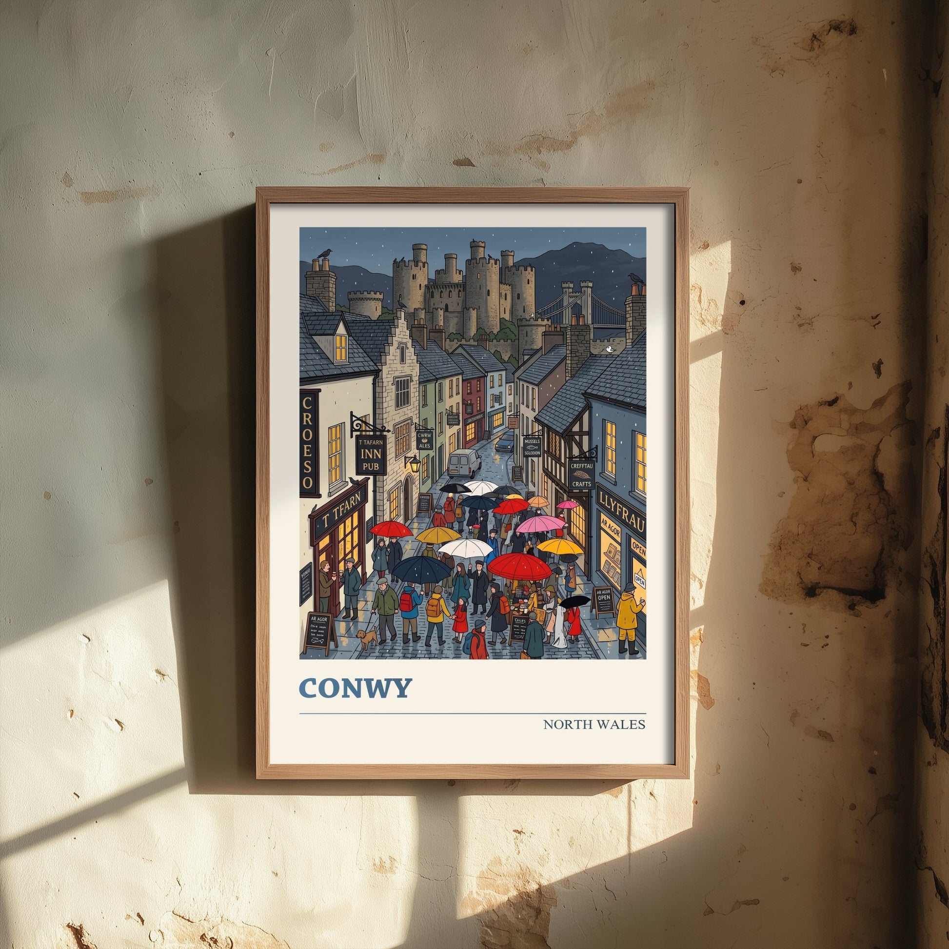 Conwy North Wales Travel Poster - Castle in the Rain Folk Art Illustration - Umbrellas and Harbour Street Art Print - Cymru Art 2/3