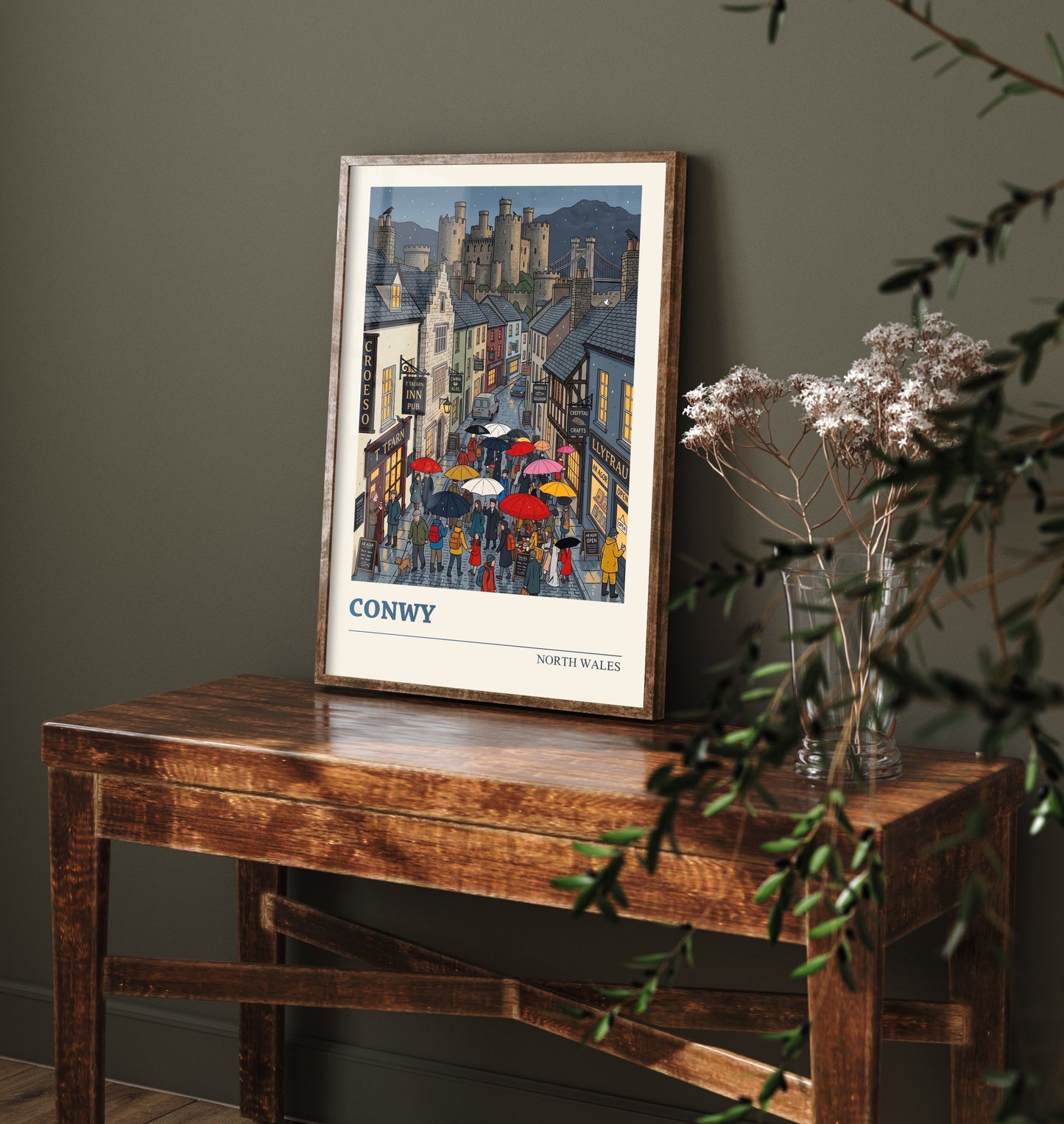 Conwy North Wales Travel Poster - Castle in the Rain Folk Art Illustration - Umbrellas and Harbour Street Art Print - Cymru Art 2/3