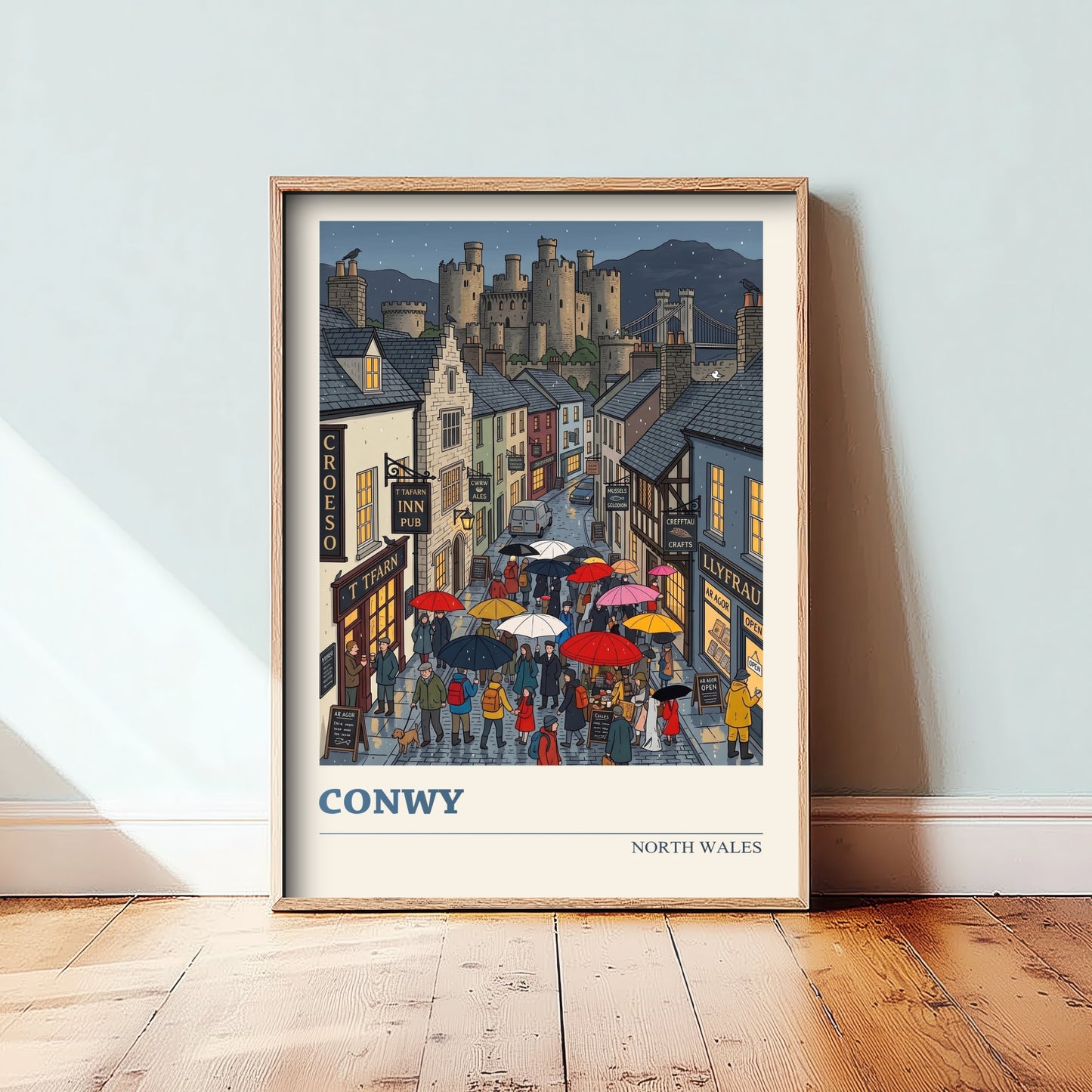 Conwy North Wales Travel Poster - Castle in the Rain Folk Art Illustration - Umbrellas and Harbour Street Art Print - Cymru Art 2/3