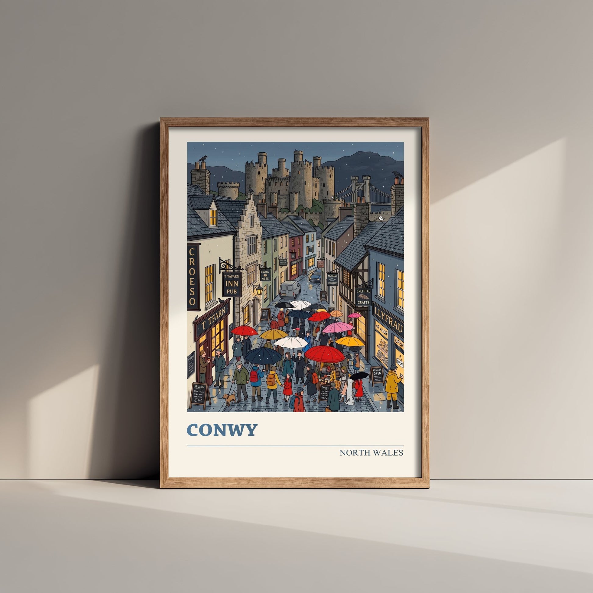 Conwy North Wales Travel Poster - Castle in the Rain Folk Art Illustration - Umbrellas and Harbour Street Art Print - Cymru Art 2/3