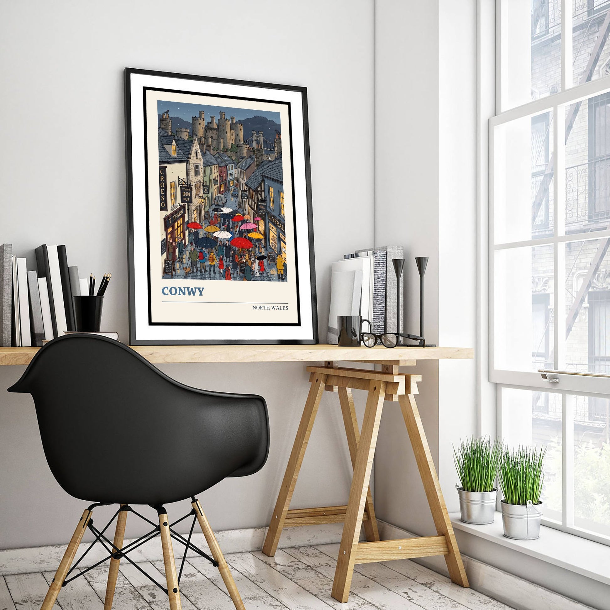 Conwy North Wales Travel Poster - Castle in the Rain Folk Art Illustration - Umbrellas and Harbour Street Art Print - Cymru Art 2/3