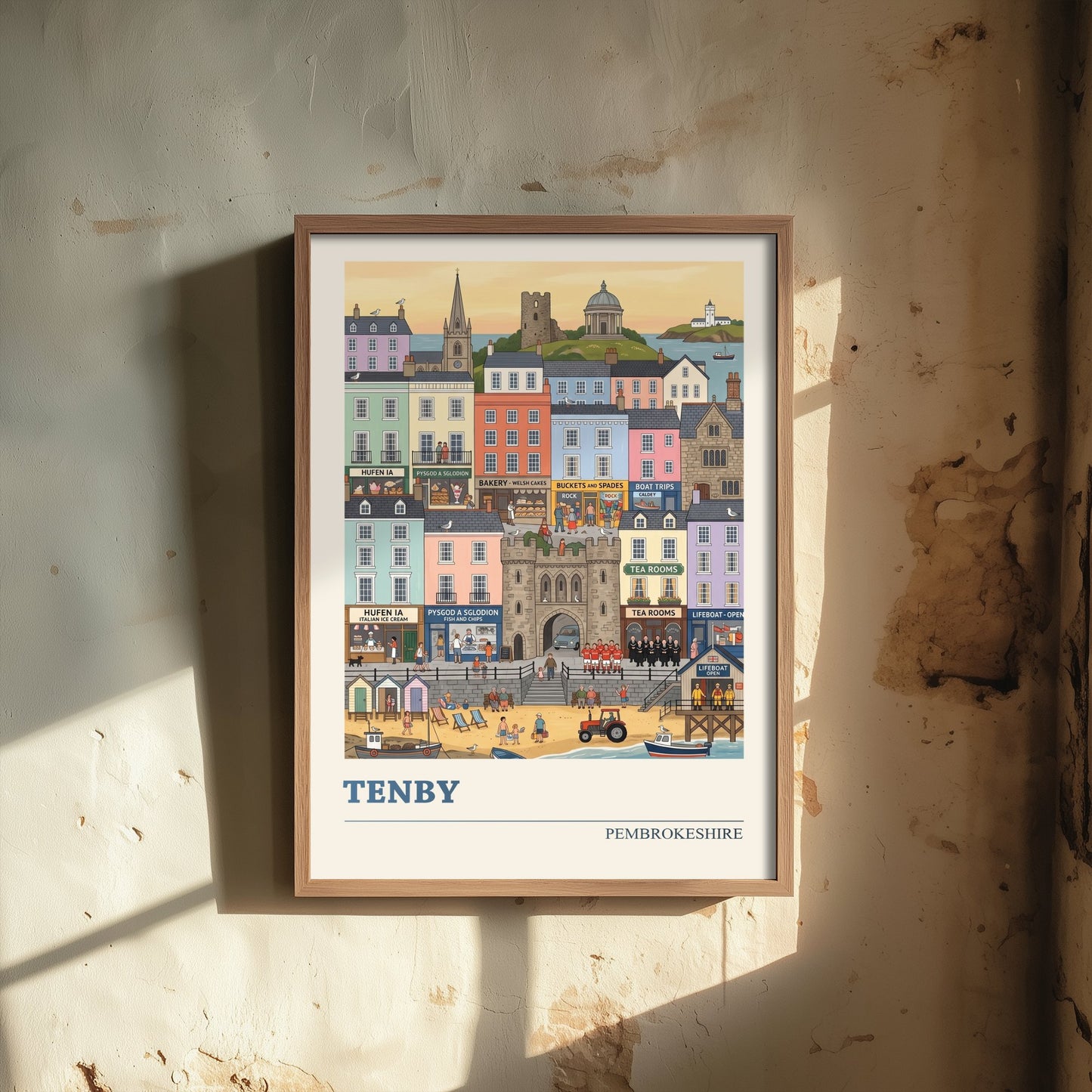 Tenby Pembrokeshire Travel Poster - Harbour Beach Folk Art Illustration - Pastel Seaside Town Art Print - Welsh Coast Holiday 3/3