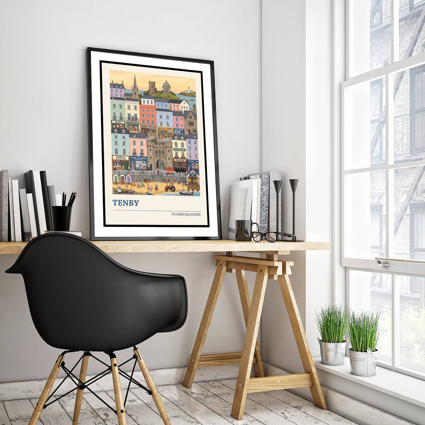 Tenby Pembrokeshire Travel Poster - Harbour Beach Folk Art Illustration - Pastel Seaside Town Art Print - Welsh Coast Holiday 3/3