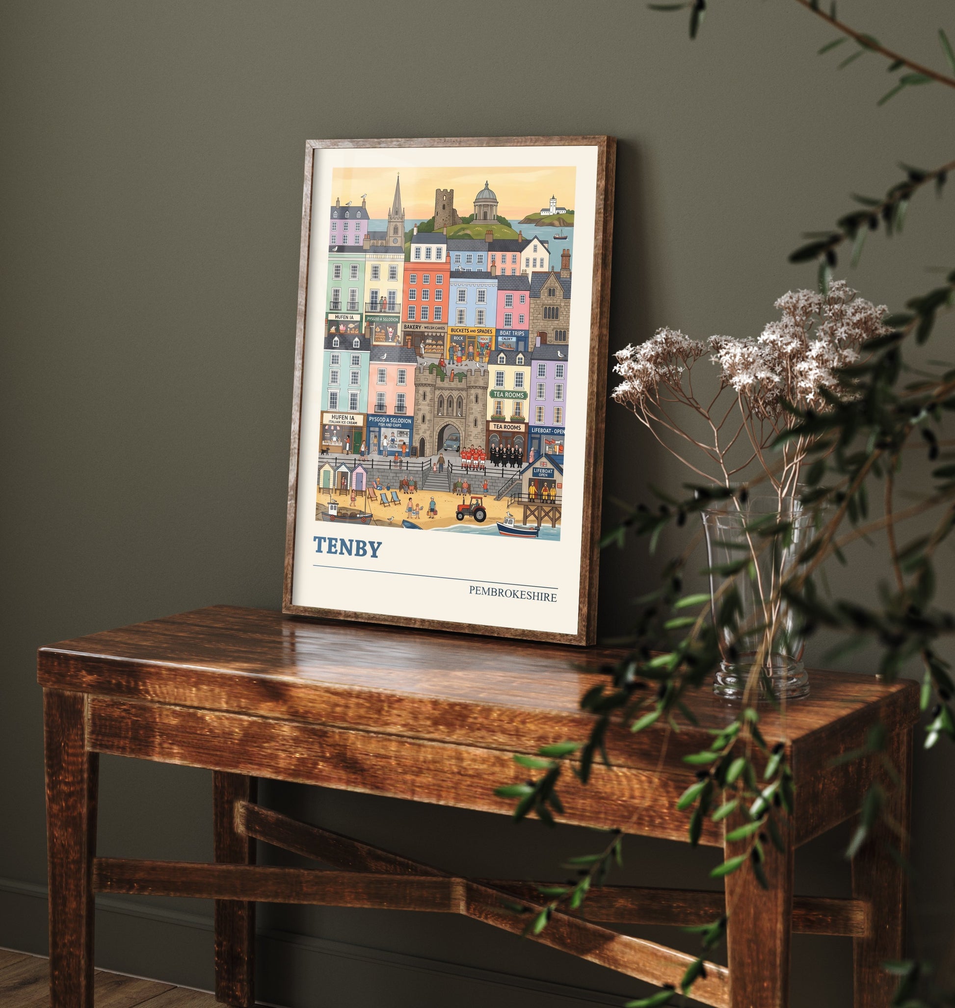 Tenby Pembrokeshire Travel Poster - Harbour Beach Folk Art Illustration - Pastel Seaside Town Art Print - Welsh Coast Holiday 3/3