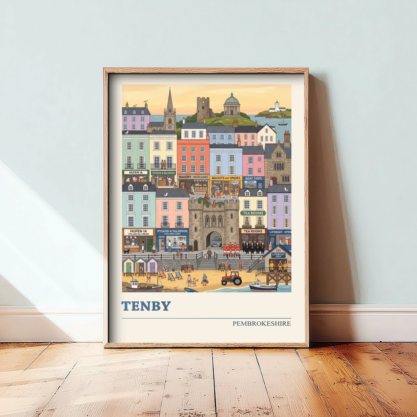 Tenby Pembrokeshire Travel Poster - Harbour Beach Folk Art Illustration - Pastel Seaside Town Art Print - Welsh Coast Holiday 3/3