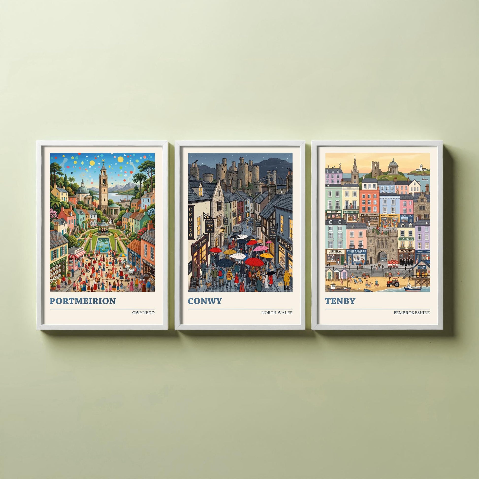 Welsh Coast Set of Three Art Prints - Portmeirion, Conwy, Tenby - 3 Colourful Folk Illustration Travel Posters - Wales Painting