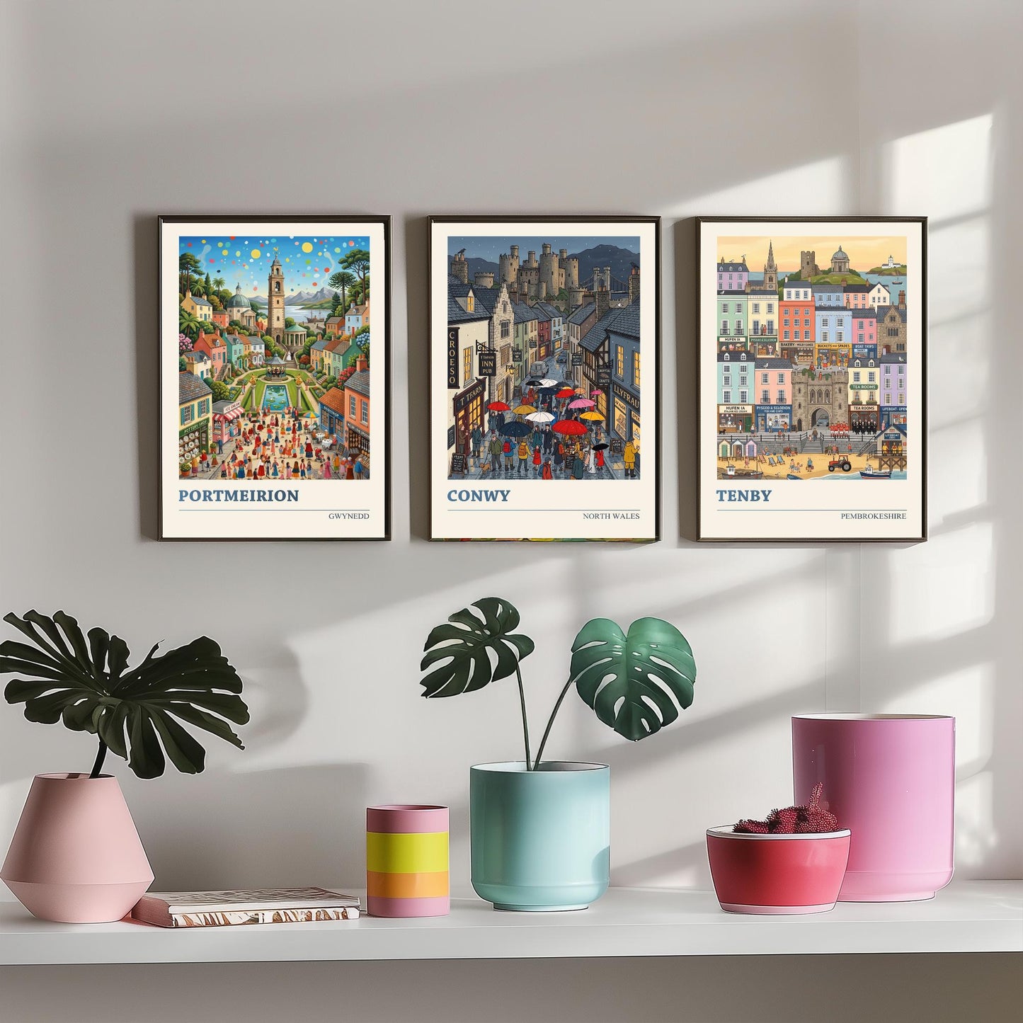 Welsh Coast Set of Three Art Prints - Portmeirion, Conwy, Tenby - 3 Colourful Folk Illustration Travel Posters - Wales Painting