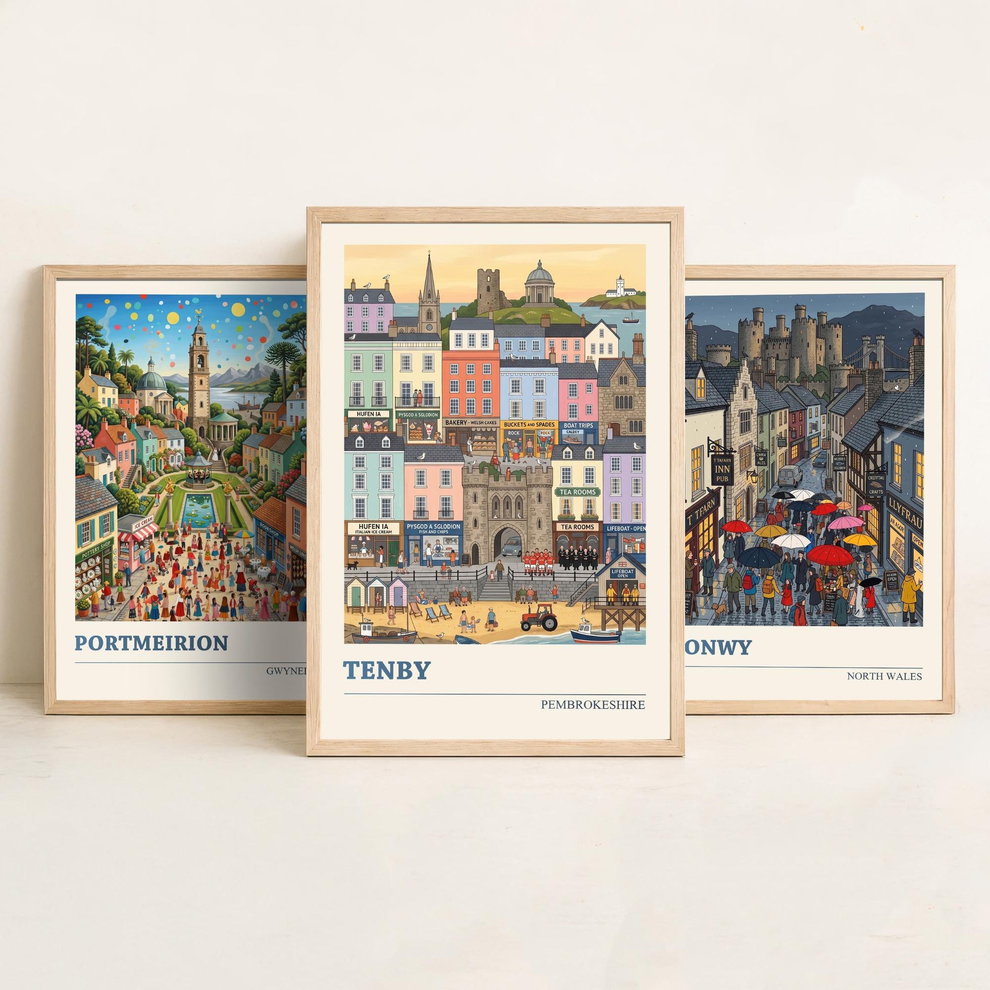 Welsh Coast Set of Three Art Prints - Portmeirion, Conwy, Tenby - 3 Colourful Folk Illustration Travel Posters - Wales Painting