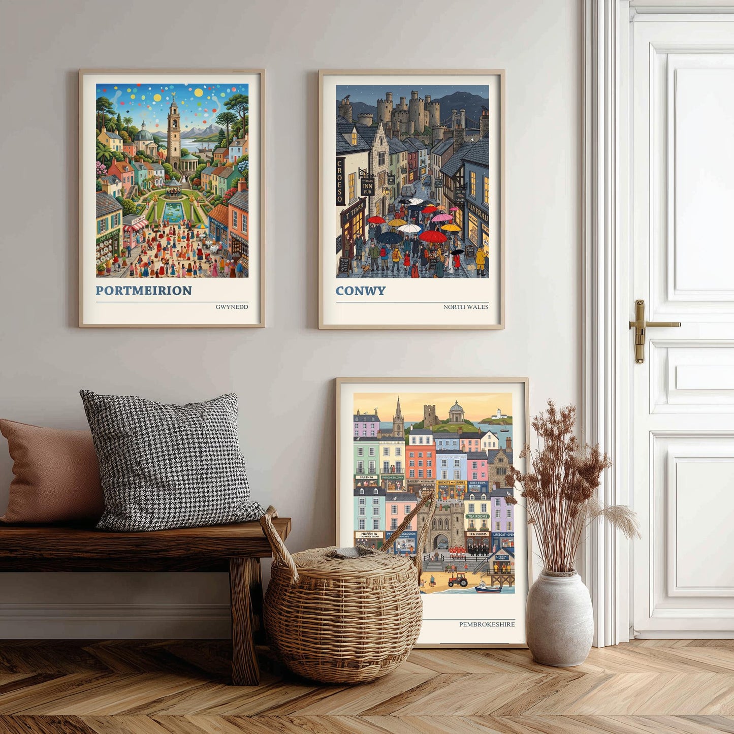 Welsh Coast Set of Three Art Prints - Portmeirion, Conwy, Tenby - 3 Colourful Folk Illustration Travel Posters - Wales Painting