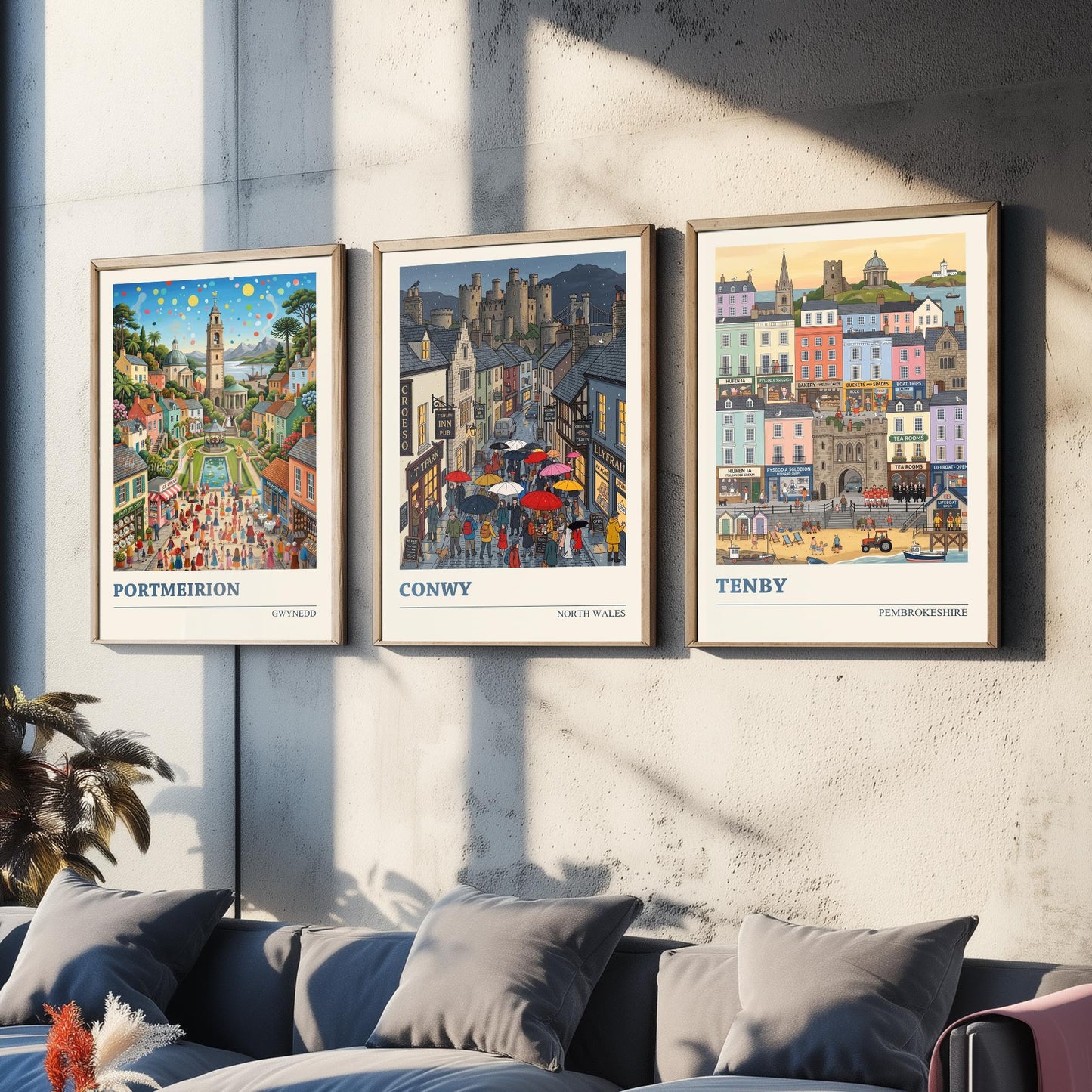 Welsh Coast Set of Three Art Prints - Portmeirion, Conwy, Tenby - 3 Colourful Folk Illustration Travel Posters - Wales Painting