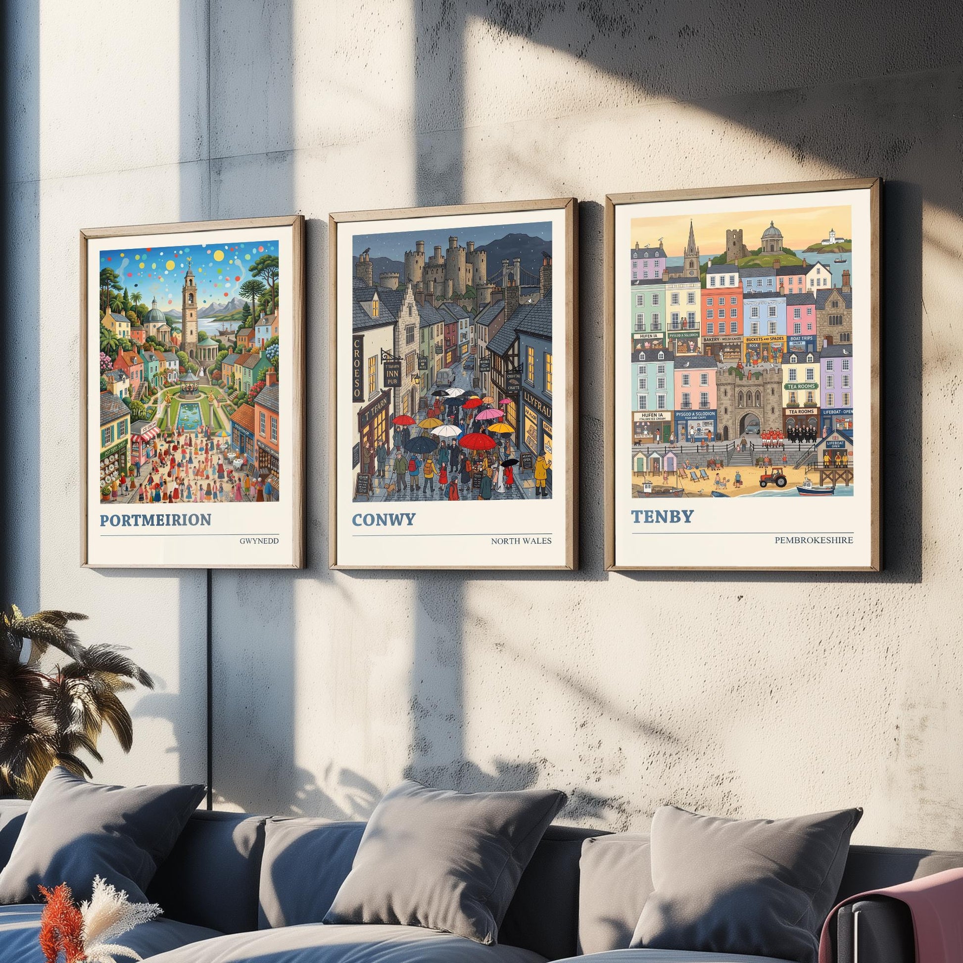 Welsh Coast Set of Three Art Prints - Portmeirion, Conwy, Tenby - 3 Colourful Folk Illustration Travel Posters - Wales Painting